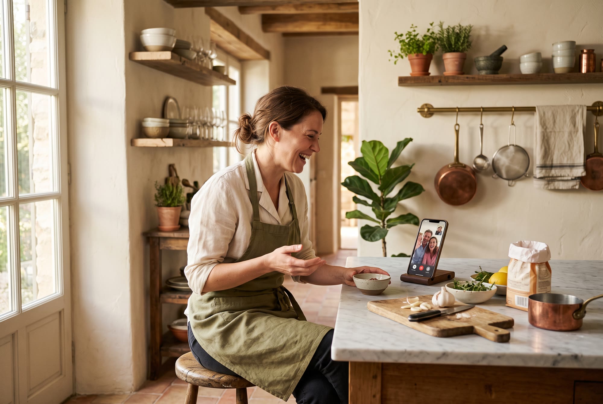 A chef laughing on a phone video call propped on her kitchen counter, mid-prep
