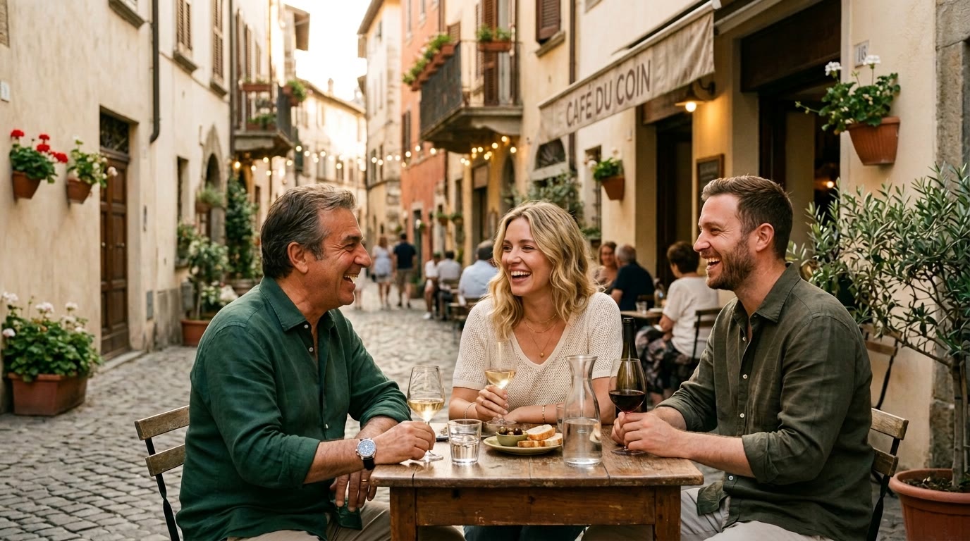 Two travellers laughing with a local over espresso and wine at a table on a quiet cobbled street