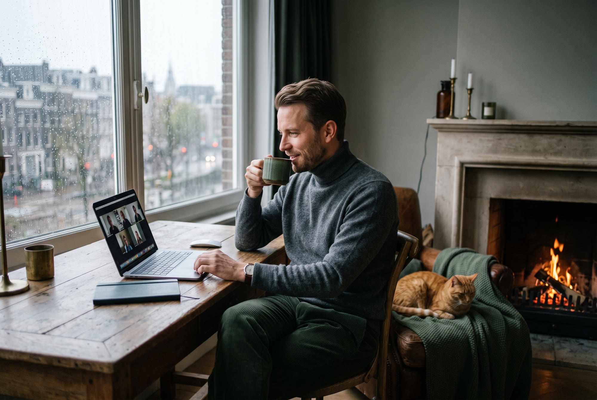 An expert on a laptop video call at home beside a rain-streaked window, coffee in hand