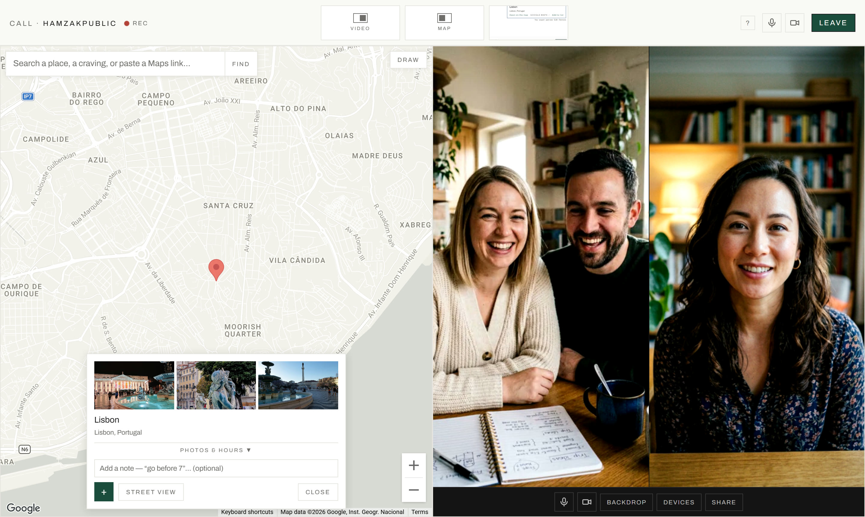 The Key call room: the shared map on the left, the video call on the right